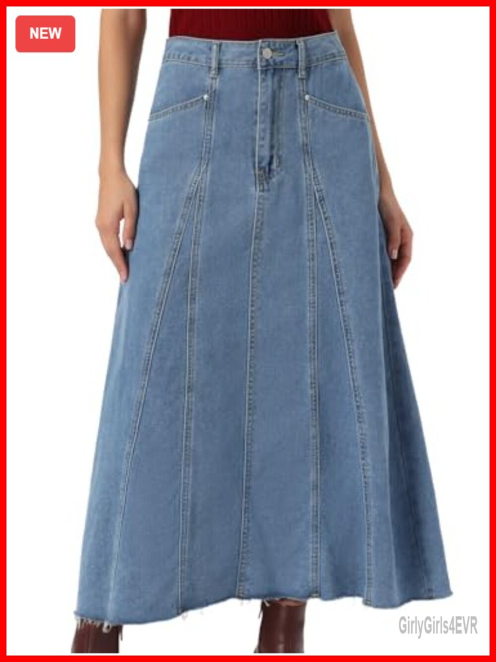 High Waisted Denim Maxi Skirt Flare A-Line Frayed Hem Casual Jean Skirt
